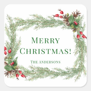 Red Berries Pine Needles Merry Christmas  Square Sticker