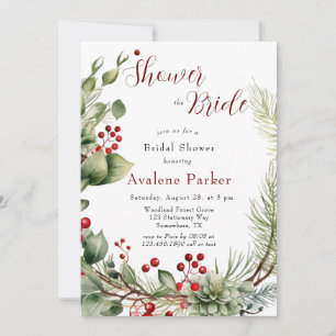 Red Berries Pine Wreath Shower The Bride Invitation