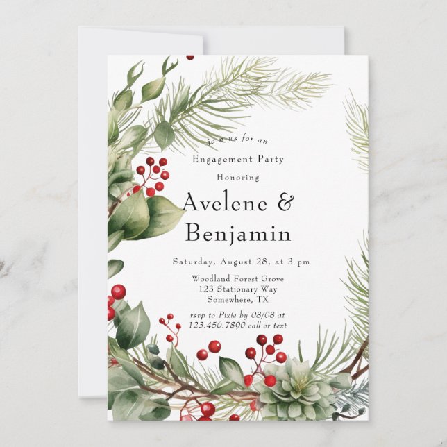 Red Berries Pine Wreath Wedding Engagement Party Invitation (Front)
