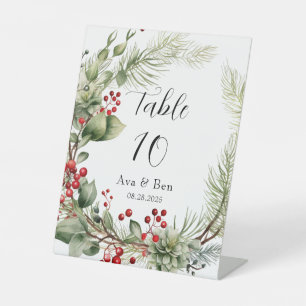 Red Berries Pine Wreath Wedding Table Number Pedestal Sign