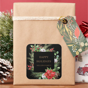 Red Berries Poinsettia Monogram Square Sticker