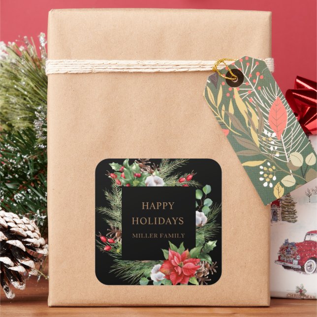 Red Berries Poinsettia Monogram Square Sticker (Holiday)