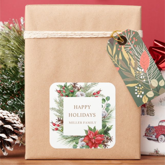 Red Berries Poinsettia Monogram Square Sticker (Holiday)