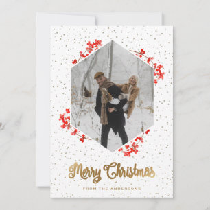 Red Berries Snow Calligraphy Photo Merry Christmas Holiday Card