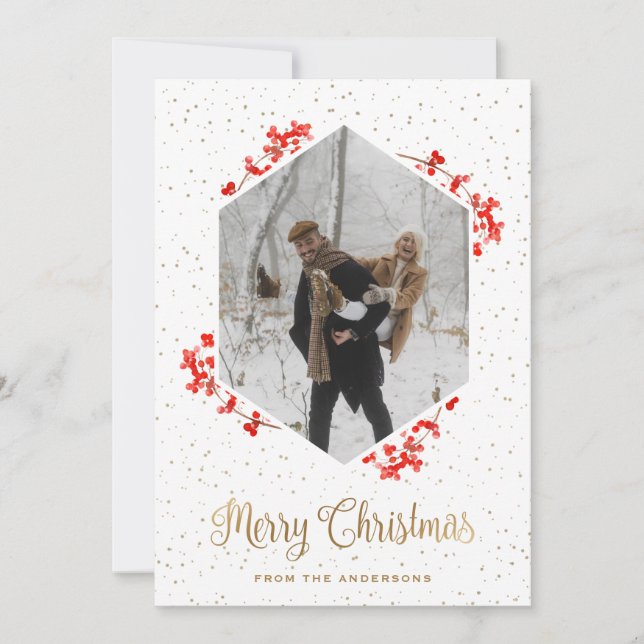 Red Berries Snow Calligraphy Photo Merry Christmas Holiday Card (Front)