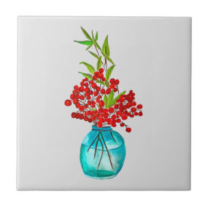 Red Berries watercolor art Tile