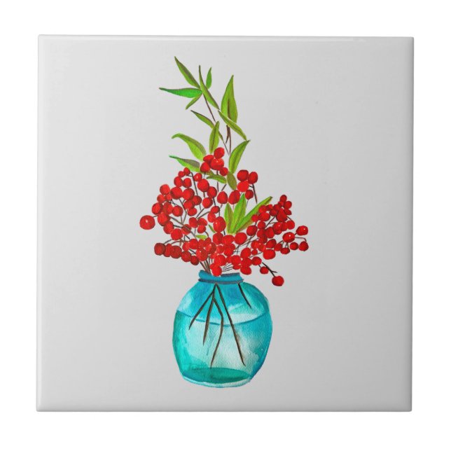 Red Berries watercolor art Tile (Front)