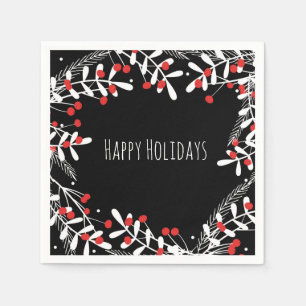 Red Berries & White Leaves Black Holiday Party Napkin
