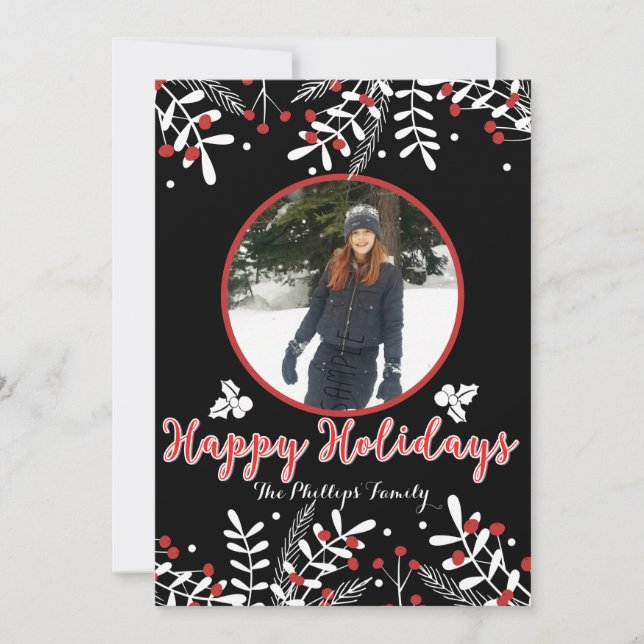 Red Berries White Leaves Black Holiday Photo Card (Front)