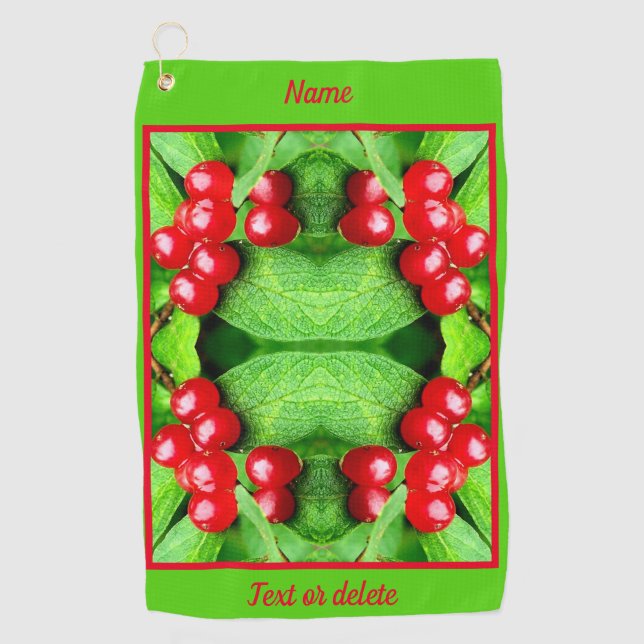 Red Berries With Raindrops Abstract Personalised Golf Towel (Front)