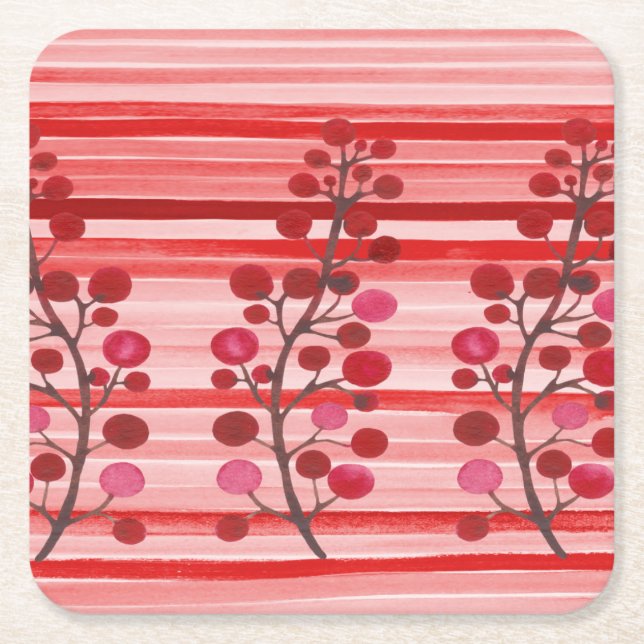 Red Berries with Stripes Square Paper Coaster (Front)