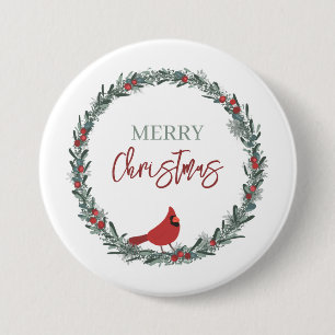 Red Berries Wreath and Red Cardinal Christmas 7.5 Cm Round Badge