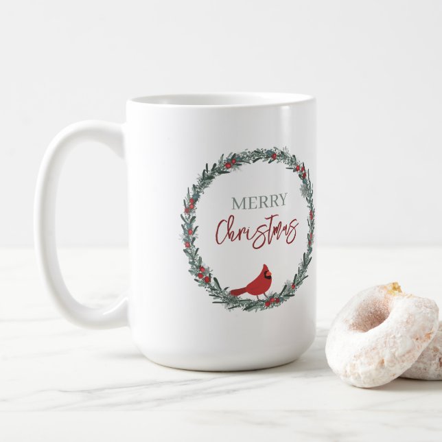 Red Berries Wreath and Red Cardinal Christmas  Coffee Mug (With Donut)