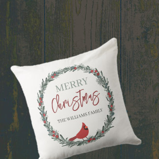 Red Berries Wreath and Red Cardinal Christmas  Cushion