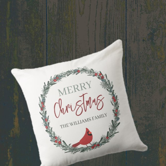Red Berries Wreath and Red Cardinal Christmas  Cushion (Creator Uploaded)