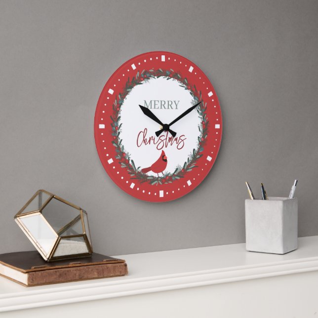 Red Berries Wreath and Red Cardinal Christmas  Large Clock (Office)