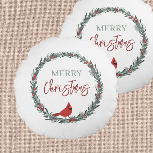 Red Berries Wreath and Red Cardinal Christmas  Round Cushion