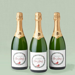 Red Berries Wreath and Red Cardinal Christmas Sparkling Wine Label