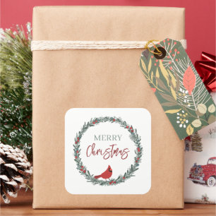 Red Berries Wreath and Red Cardinal Christmas  Square Sticker