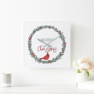 Red Berries Wreath and Red Cardinal Christmas Square Wall Clock