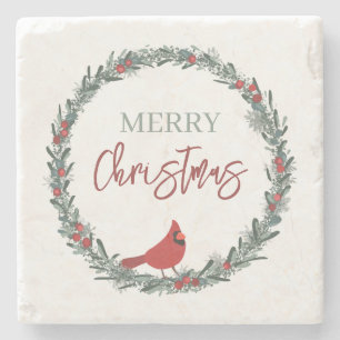 Red Berries Wreath and Red Cardinal Christmas  Stone Coaster