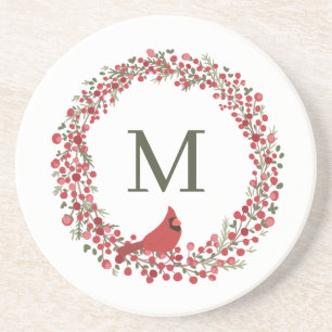 Red Berries Wreath and Red Cardinal Monogram Coaster