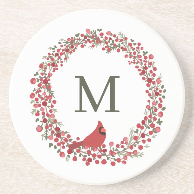 Red Berries Wreath and Red Cardinal Monogram  Coaster (Front)