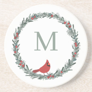 Red Berries Wreath and Red Cardinal Monogram Coaster