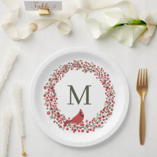 Red Berries Wreath and Red Cardinal Monogram Paper Plate