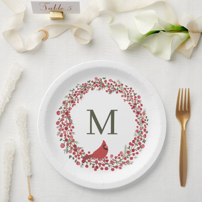 Red Berries Wreath and Red Cardinal Monogram  Paper Plate (Wedding)