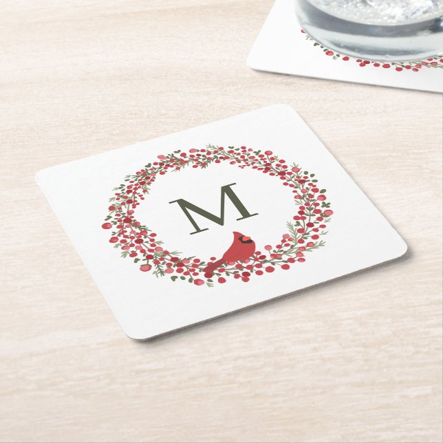Red Berries Wreath and Red Cardinal Monogram  Square Paper Coaster (Angled)