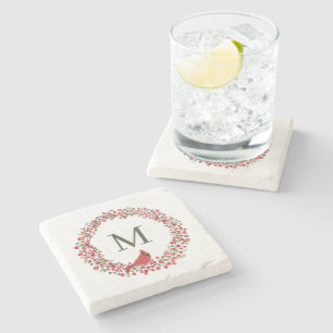 Red Berries Wreath and Red Cardinal Monogram Stone Coaster