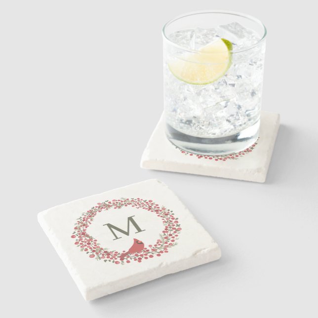 Red Berries Wreath and Red Cardinal Monogram  Stone Coaster (Side)