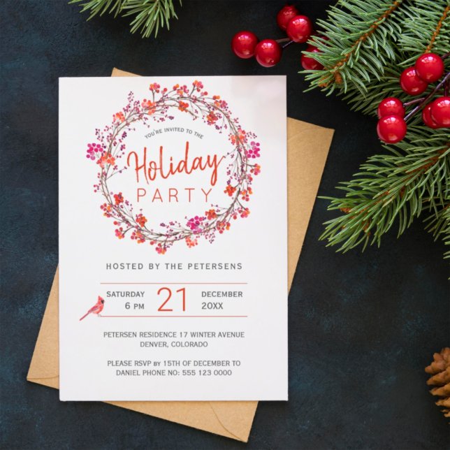 Red berries wreath winter Christmas Holiday Party Invitation (Creator Uploaded)