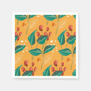 Red berry and green leaves pattern on yellow  napkin