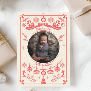 Red Berry Baby Boy First Christmas Holiday Card