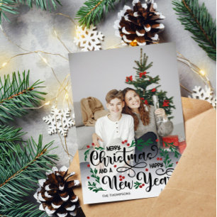 Red Berry Big Photo Merry Christmas Happy New Year Holiday Card