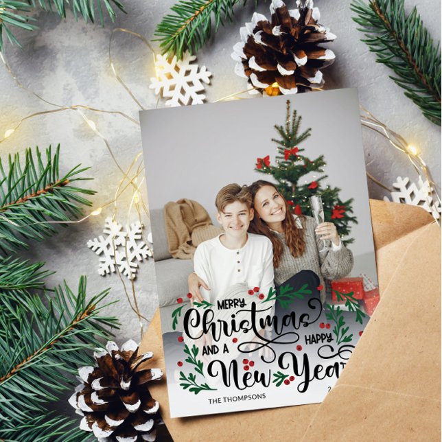 Red Berry Big Photo Merry Christmas Happy New Year Holiday Card (Creator Uploaded)