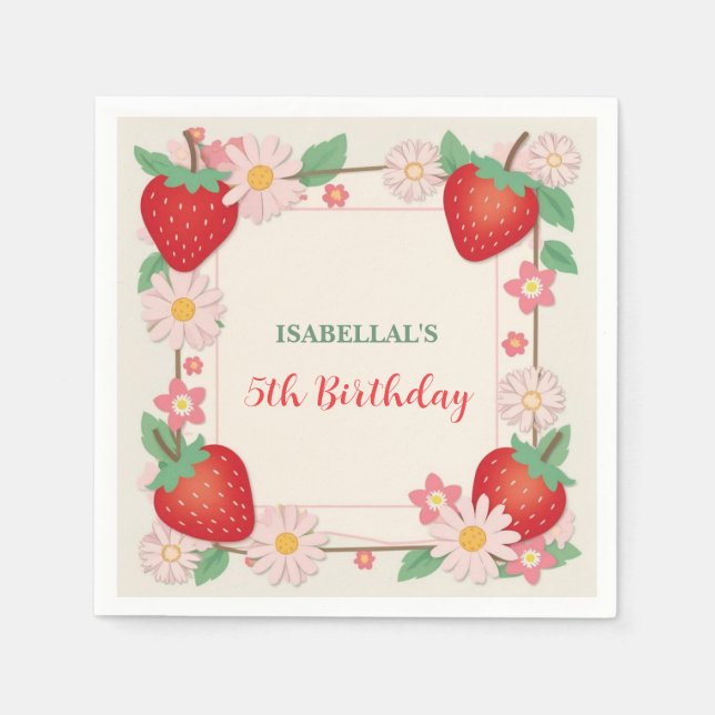 Red Berry Birthday Strawberry flower Girl Party Napkin (Front)