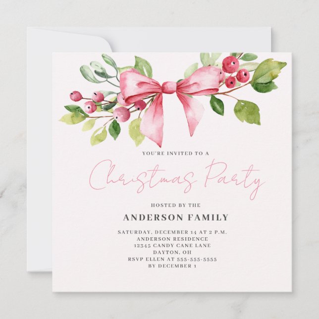 Red Berry Bow Christmas Holiday Party Invitation (Front)