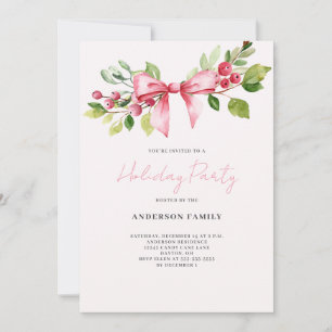 Red Berry Bow Christmas Holiday Party Invitation
