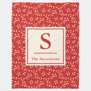 Red Berry Branch Monogram Family Name Christmas Fleece Blanket