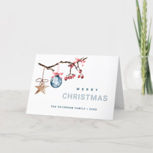 Red Berry & Christmas Ornaments Watercolor Holiday Card