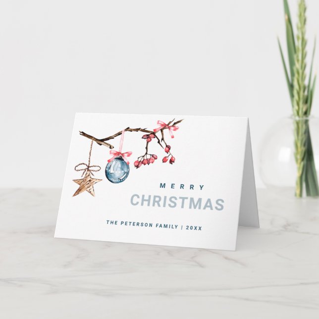 Red Berry & Christmas Ornaments Watercolor Holiday Card (Front)