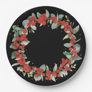 Red Berry Christmas Wreath Holiday Party Paper Plate