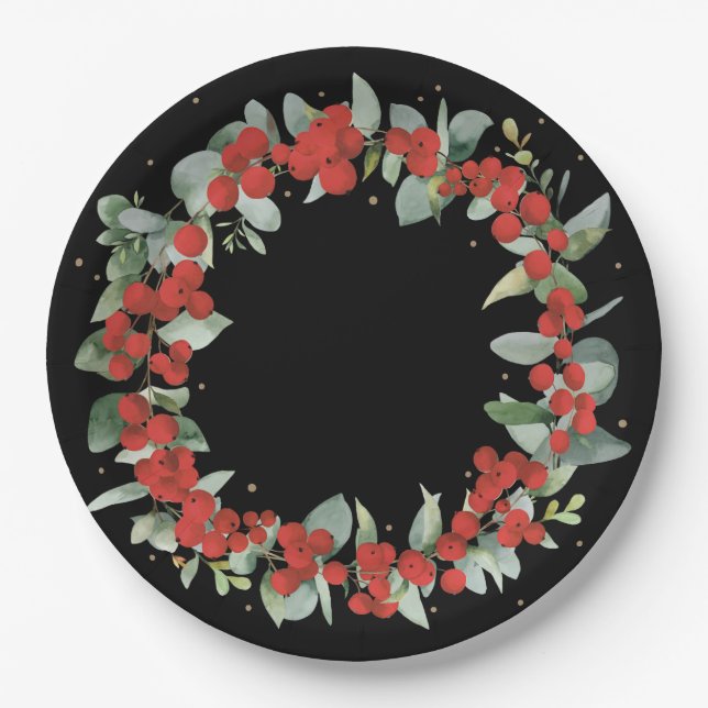 Red Berry Christmas Wreath Holiday Party Paper Plate (Front)