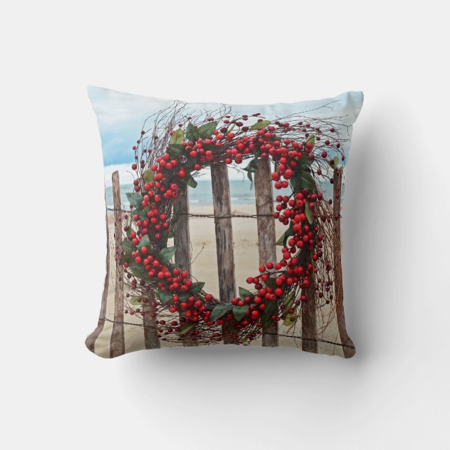 red berry Christmas wreath on fence Cushion (Front)
