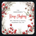 Red Berry Christmas Wreath Return Address  Square Sticker<br><div class="desc">Take the strain off sending out Christmas holiday cards this year with these festive red berry christmas wreath return address labels. Featuring a watercolor wreath of red berries and botanical foliage. The calligraphy script and a return address label template is easy to customise.</div>