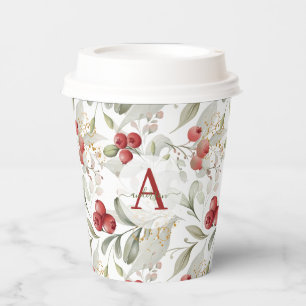 Red Berry Cranberry Branches Monogrammed Christmas Paper Cups
