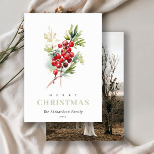 Red Berry Fir Winter Christmas Photo Watercolor Holiday Card